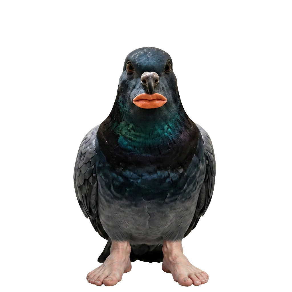 Peigengoo, a large cartoon pigeon staring directly at you
