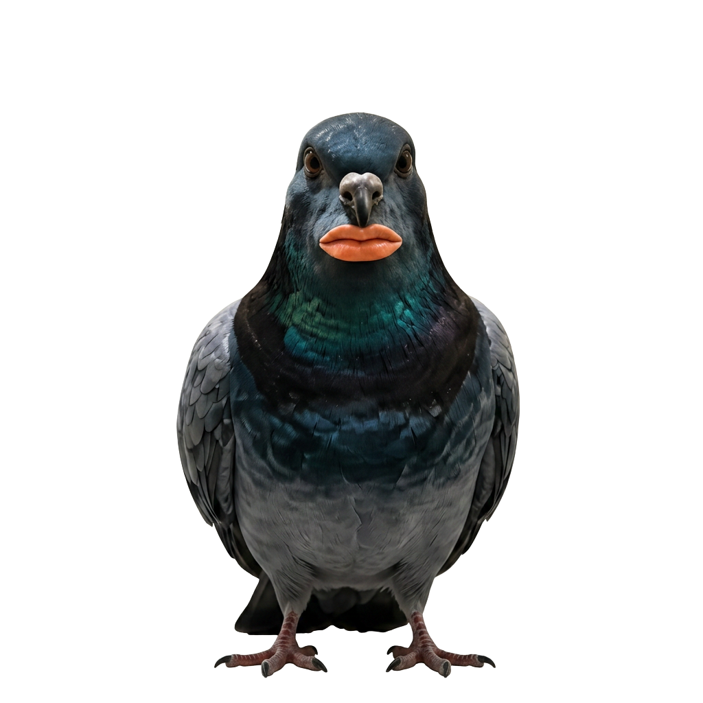 Peigengoo, a large cartoon pigeon staring directly at you